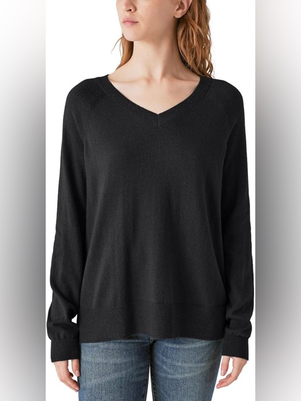 L Lucky Brand Large Women V-Neck Sweater Long Sleeves Side Slits Black Fall Wint